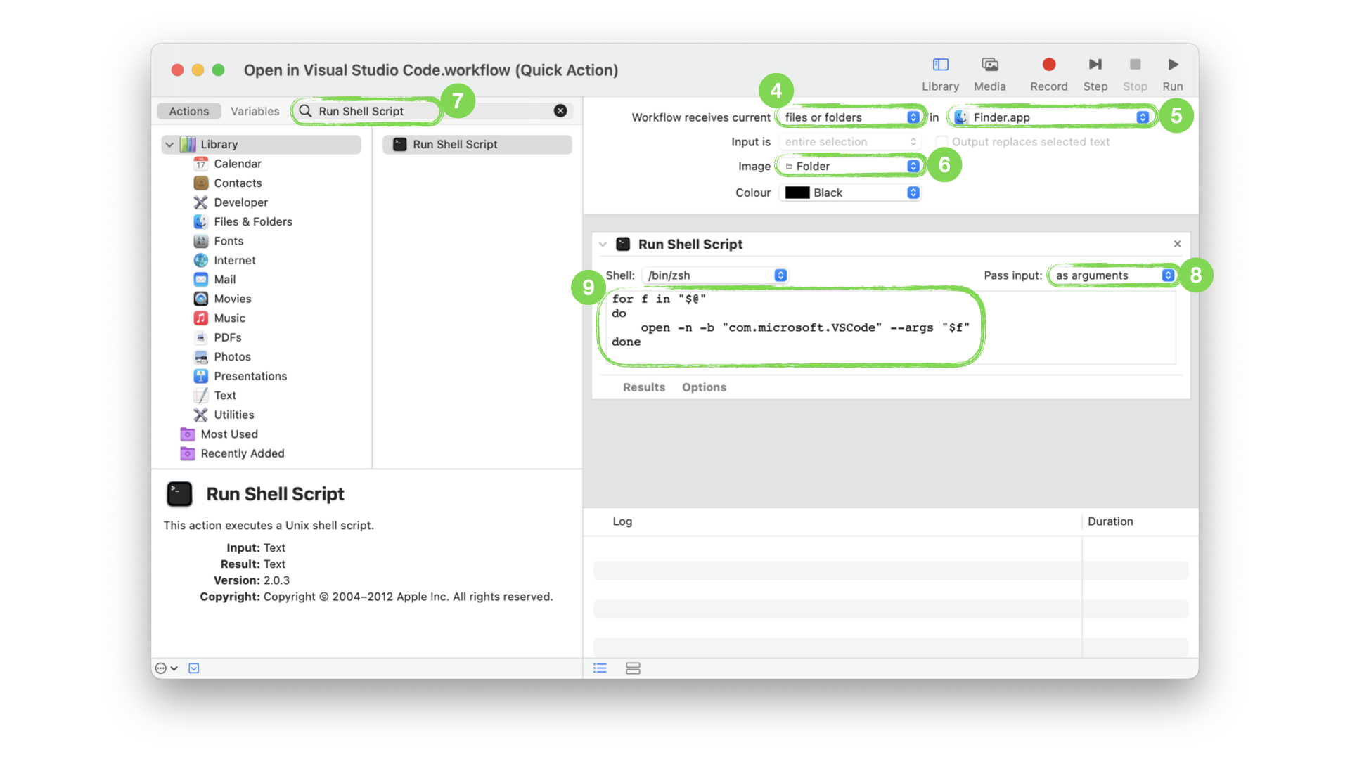 Automator application window showing Open Run Shell Script Quick Action which lets create action Open in Visual Studio Code