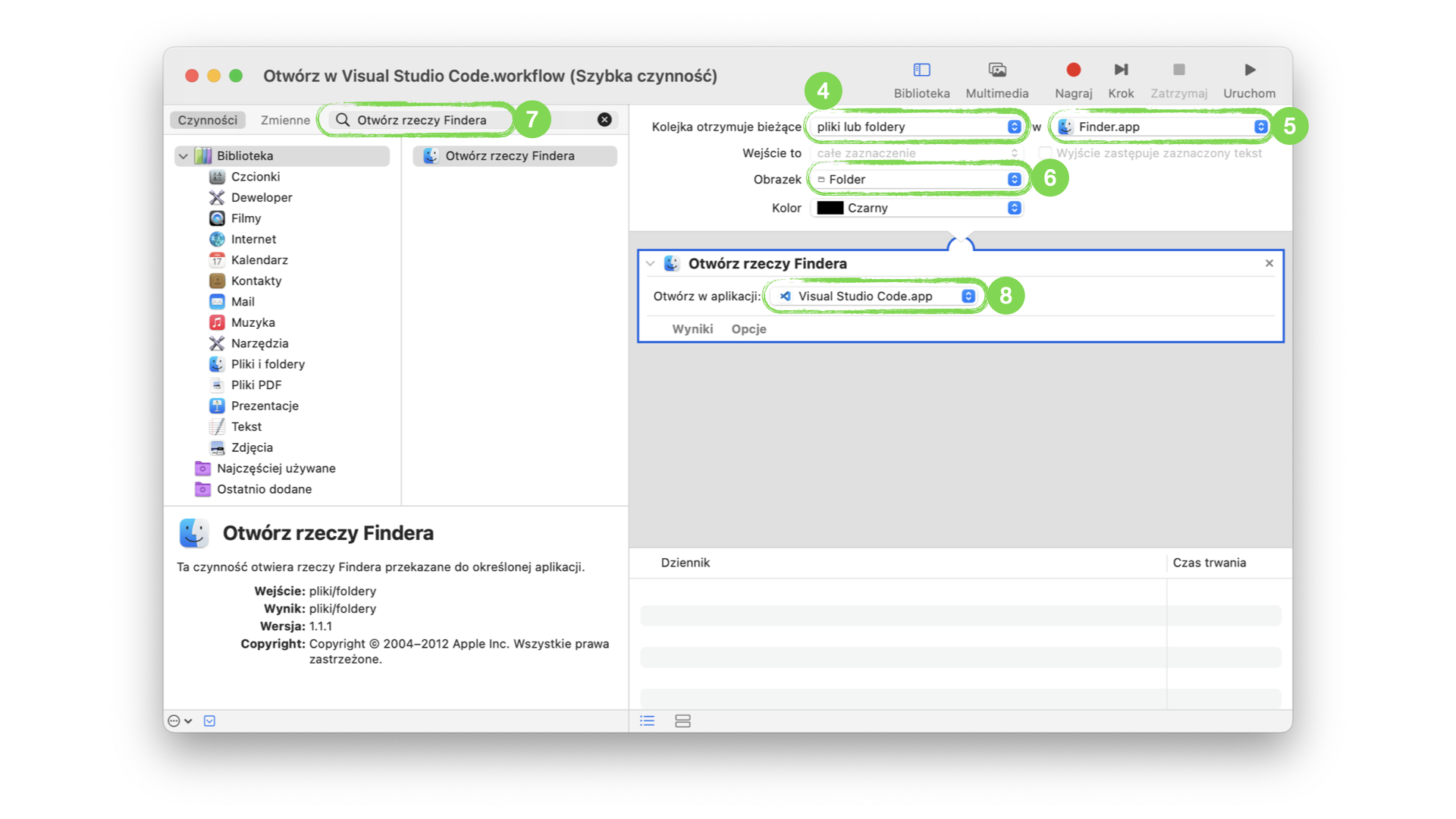 Okno aplikacji Automator pokazujące szybką czynność o nazwie Otwórz rzeczy Findera pozwalające stworzyć czynność Otwórz w Visual Studio Code