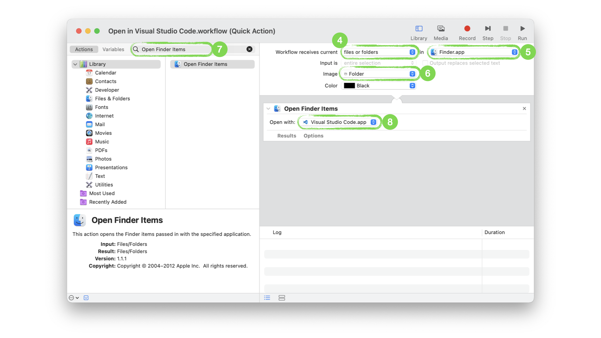 Automator application window showing Open Finder Items Quick Action which lets create action Open in Visual Studio Code