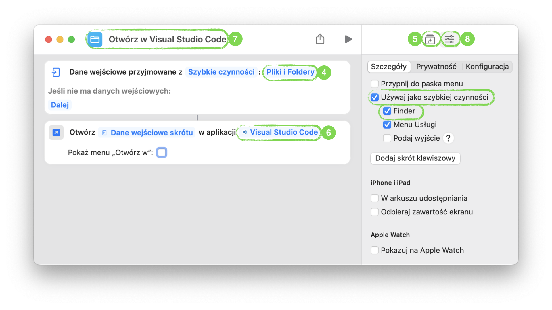 Okno aplikacji Skróty pokazujące szybką czynność o nazwie Otwórz plik pozwalające stworzyć czynność Otwórz w Visual Studio Code