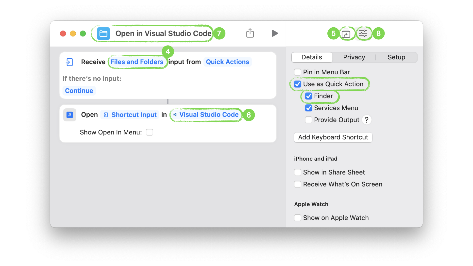 Shortcuts application window showing Open file Quick Action which lets create action Open in Visual Studio Code