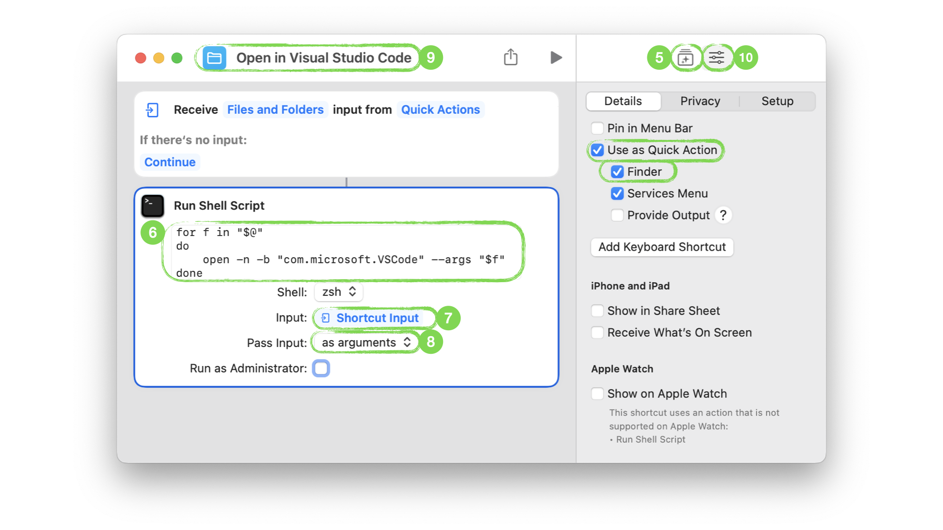 Shortcuts application window showing Run Shell Script Quick Action which lets create action Open in Visual Studio Code